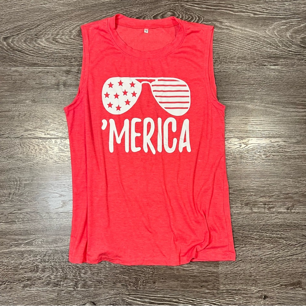 Dark Pink American Flag Sunglasses ‘Merica Sleeveless Graphic Top